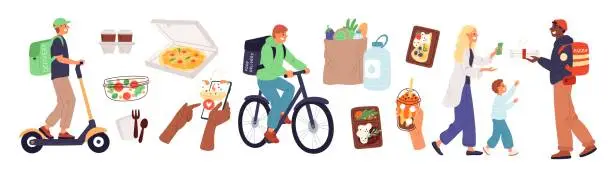 Vector illustration of Food delivery service. Ordering products at home. Express shipping. Couriers with groceries backpacks on scooter and bicycle. Online selection. Pizza and burgers boxes. Garish vector set