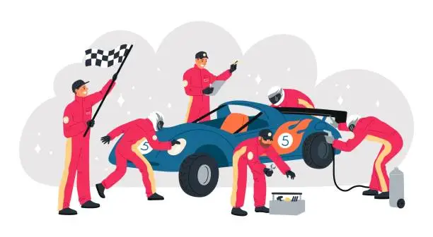 Vector illustration of Cartoon racing car on pit stop. Mechanics team in auto servicing process. Tire pumping and wheel replacement. Automobile repair. Race competition. Technician crew. Garish vector concept