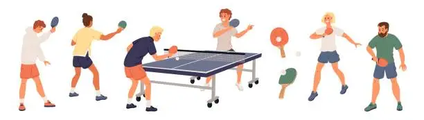 Vector illustration of People play ping pong. Table tennis. Professional athletes with rackets in different poses. Persons in sports outfit. Players hit ball with racquets. Sportsman match. Garish vector set