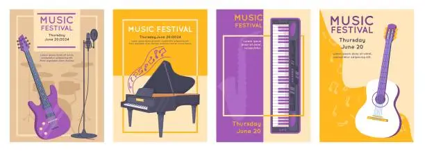 Vector illustration of Musical instruments cards. Invitational flyers. Acoustic or electric guitars. Music performance. Concert announcements. Synthesizer and piano. Entertainment event. Recent vector set
