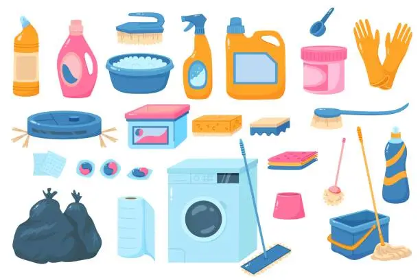 Vector illustration of Cartoon cleaning supplies. Washing tools. Household equipment. Chemical detergents. Spray bottles. Brushes and wipe sponges. Mop with bucket. Vacuum cleaner and washer. Recent vector set