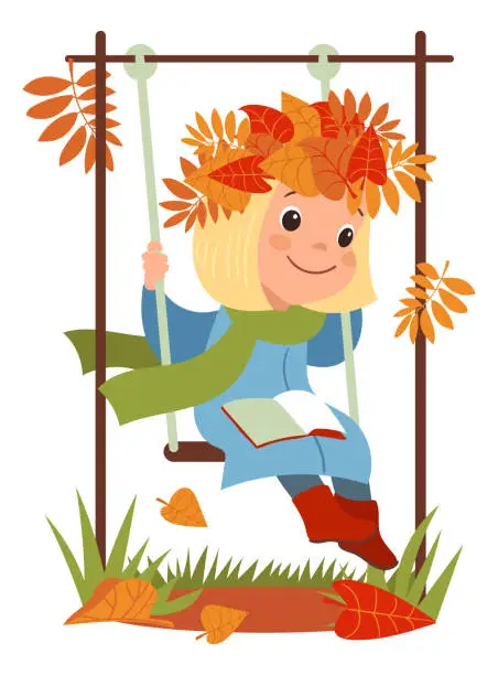 Vector illustration of Autumn kid. Girl sitting on swing. Teenager reading with book. Orange leaves wreath. Fall season. Happy child walking in autumnal park. October foliage. Plants defoliation. Vector concept