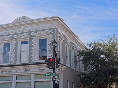 Charleston, South Carolina - USA, November 30, 2023. Activity and architecture along the popular King street in downtown Charleston South Carolina.