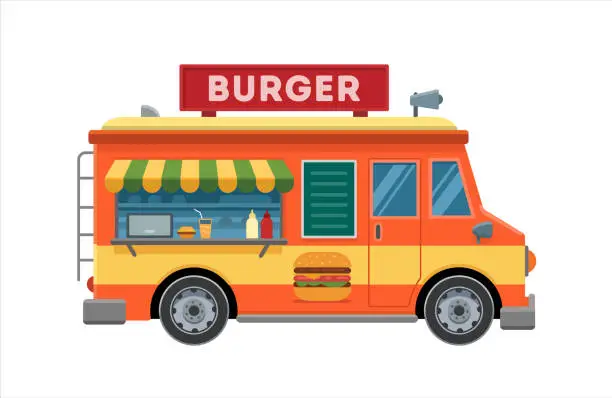 Vector illustration of Modern commercial food van for making and selling burgers. Vector flat illustration