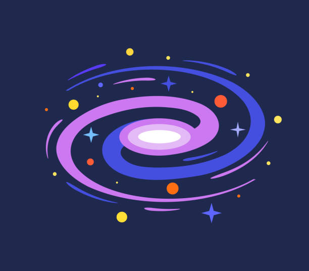 ilustraciones, imágenes clip art, dibujos animados e iconos de stock de hermosa galaxia brillante de andrómeda con planetas alrededor. ilustración plana vectorial - ring galaxy