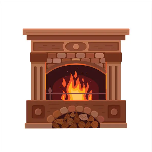 Vector illustration of Classic stone wood and stone with bright burning fire with wood burning. Comfortable, cozy, warm, home fireplace. Vector flat illustration.