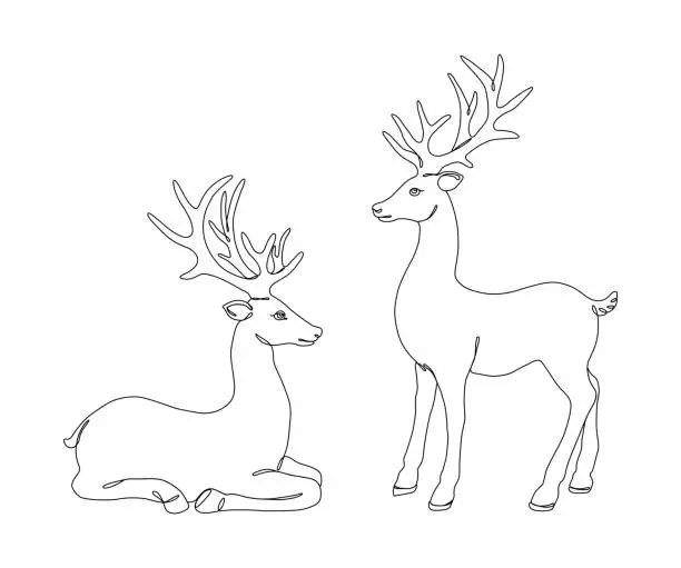 Vector illustration of Set of Reindeer. Continuous Line Drawing with Editable Stroke