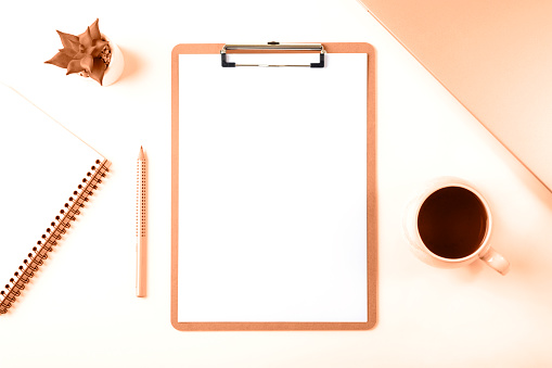 Desktop with clipboard, cup of coffee, pencil, notebook and succulent plant. Flat lay, top view, mockup. Color of 2024 year - peach fuzz.