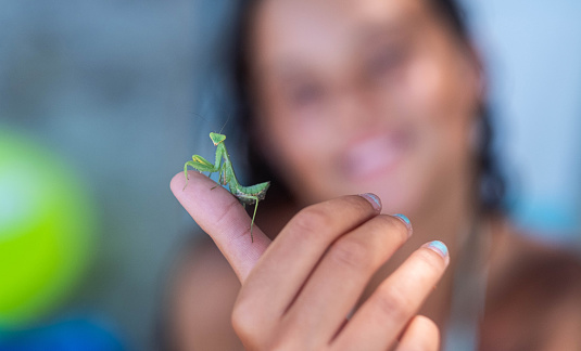 Happy girl has a mantis on her hand and showint it to the camera