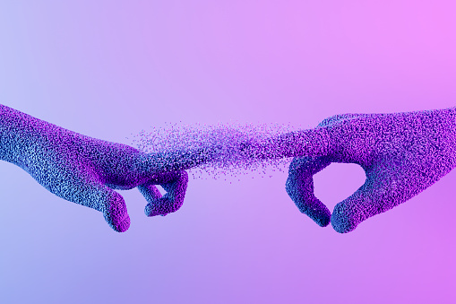 Touching hands, artificial intelligence deap learning concept. 3d render.