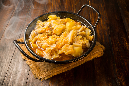 Stewed cabbage with potatoes, vegetarian food