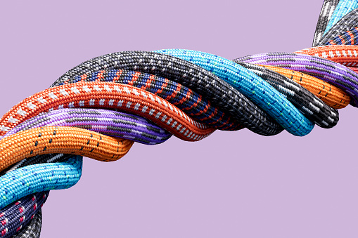 Colorful twisted ropes, paracords. 3d render.