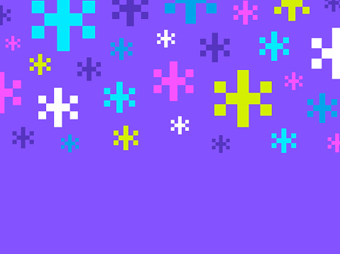 Modern digital pixel snow holiday winter Christmas snowflake background design frame.