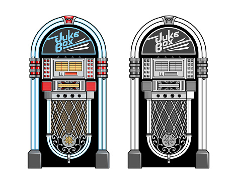 Jukebox or juke box old vintage automated retro vinyl player and radio device isolated on white background. Color and monochrome versions. Vector illustration