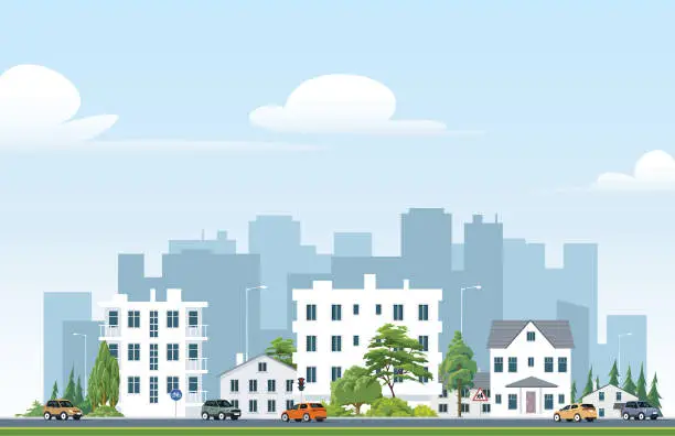 Vector illustration of Housing apartment and city life. Cityscape with houses and town, flat illustration cartoon style