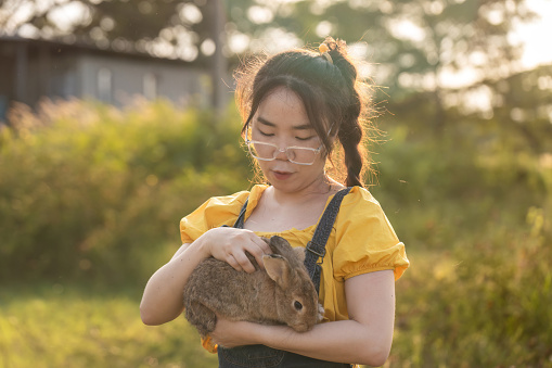 bunny Easter fluffy baby rabbit or new born rabbit. Woman holding cute fluffy Bunny on park outdoors. Friendship with Easter Bunny. Symbol of Easter day.