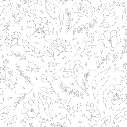 Floral seamless pattern of cute abstract hand-drawn flowers and leaves. black and white vector illustration.
