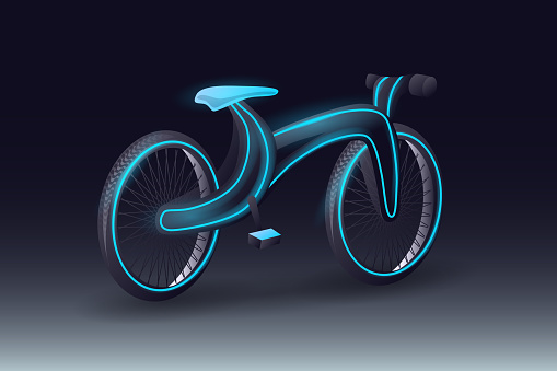 Illustration of a futuristic neon bicycle. Future, eco transport, concept of caring for the environment, healthy lifestyle, future technologies.