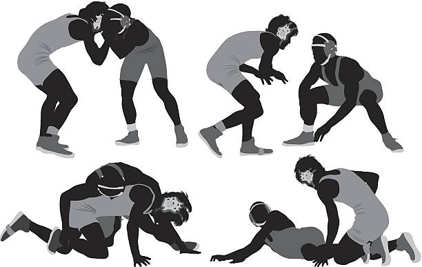 ilustraciones, imágenes clip art, dibujos animados e iconos de stock de silueta de wrestlers en acción - wrestling