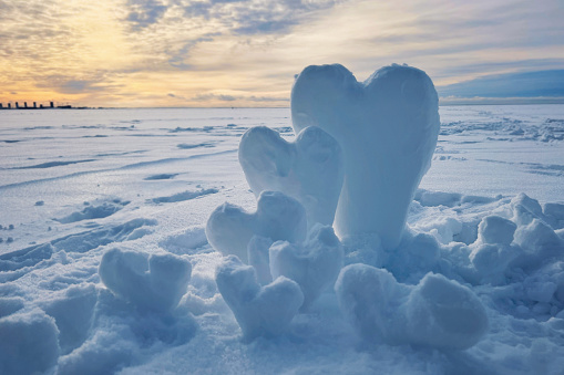 hearts made of snow on winter day