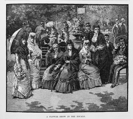 Engraving  from Harper's New Monthly Magazine Volume LXIV December, 1881 to May,  1882:: A group of well dressed people sit in the Zocalo, a section of Mexico City during a flower show.