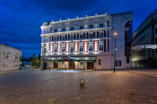 The Lyceum Theatre lit up at night in Tudor Square, Sheffield, South Yorkshire, UK on 25 July 2023