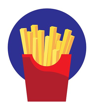 Vector illustration of a box of french fries against a dark blue circle.