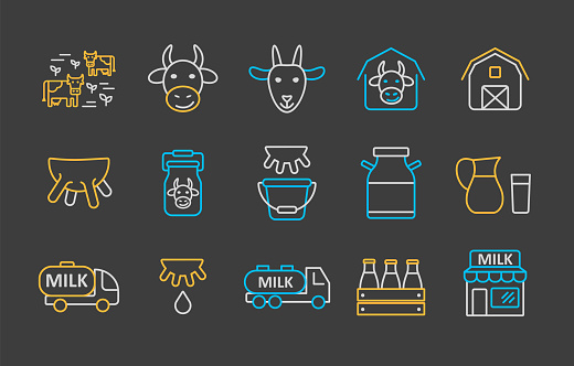 Milk vector on dark background icons set. Dairy products sign. Graph symbol for cooking web site and apps design, logo, app, UI