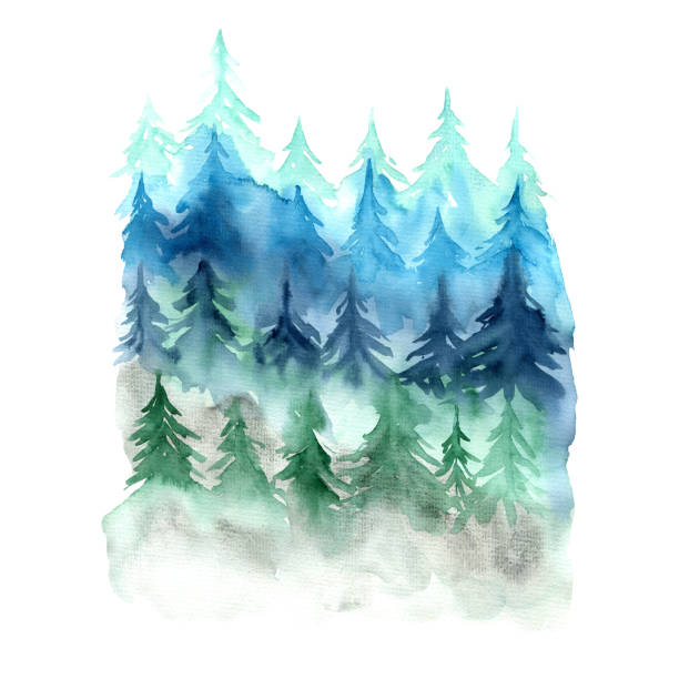 istock Watercolor illustration with blue and green forest 1845849528