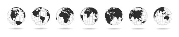 Vector illustration of Set of transparent globes of Earth. World map in globe shape