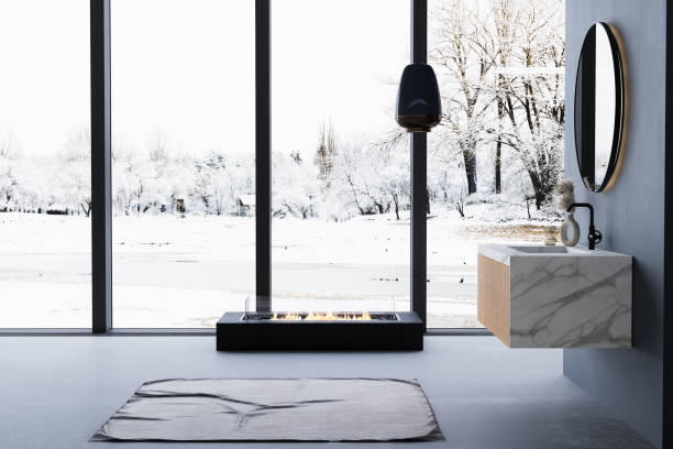 istock Modern bathroom interior with winter concept, white bathtub and chic vanity, black walls, parquet floor, plants, natural lighting. Minimal bathroom with modern furniture 1845859322