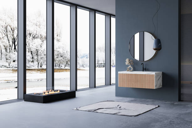 Modern bathroom interior with winter concept, white bathtub and chic vanity, black walls, parquet floor, plants, natural lighting. Minimal bathroom with modern furniture