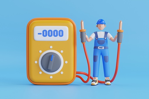 3d illustration of Electrical engineer holding digital multimeter. electrician holding a multimeter 3d illustration