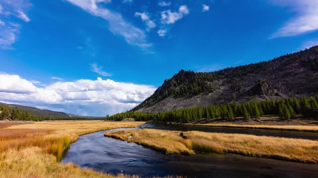 Time lapse - River running through Yellowstone National Park in Fall Time