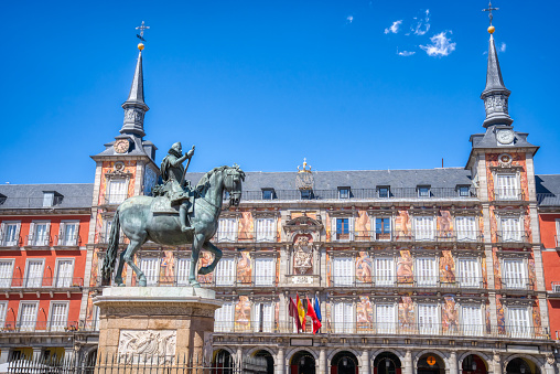 Madrid, Spain - August 28, 2023:  The historic Plaza Mayor in Madrid is one of the top tourist locations in Spain. The square served as a market sqaure going as far back as the 15th century.