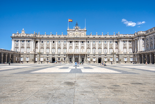 Madrid, Spain - August 28, 2023: Exterior and courtyard of the historic Royal Palace in Madrid, Spain