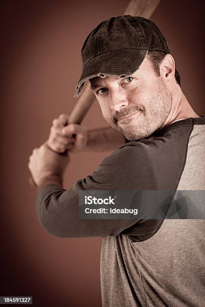 Vintage Baseball Player In Batting Stance With Bat Stock Photo - Download Image Now - 30-39 Years, Adult, Adults Only