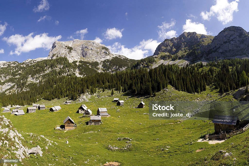 Mountain pasto con cabañas - Foto de stock de Agricultura libre de derechos