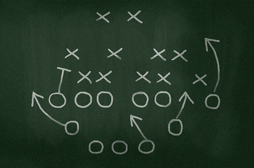 American football strategy diagram on chalkboard, vignette added