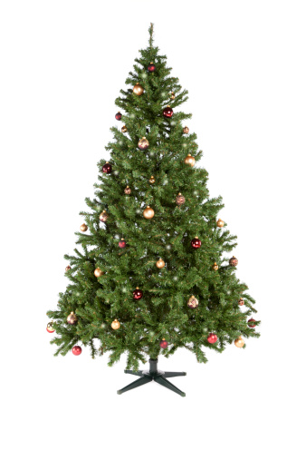 An artificial Christmas tree decorated with ornaments and lights. Isolated on a white background.