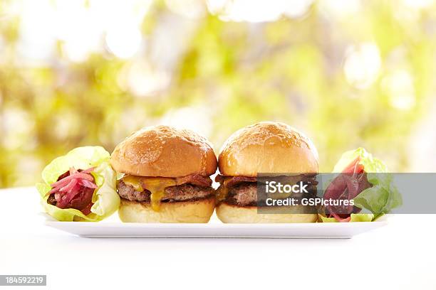Gastrónomo Hambúrgueres Contra Um Fundo De Natureza - Fotografias de stock e mais imagens de Acompanhamento