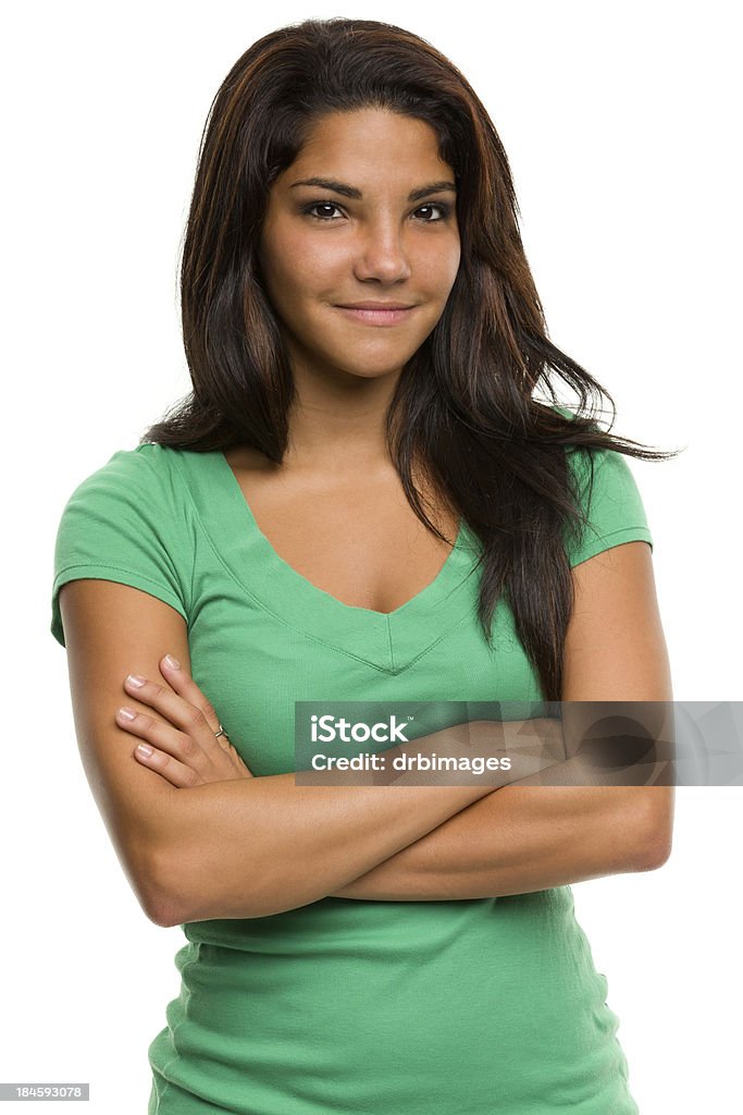 Content Young Woman Waist-up Portrait Portrait of a woman on a white background. 18-19 Years Stock Photo