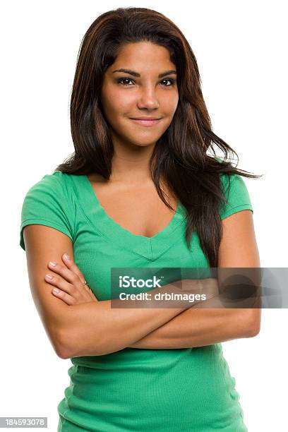 Content Young Woman Waistup Portrait Stock Photo - Download Image Now - 18-19 Years, University Student, White Background