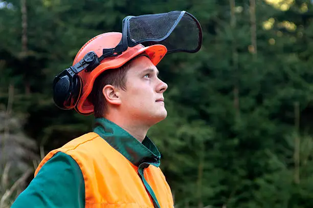 Portrait of young lumberjack looking up. Side view on blur background.