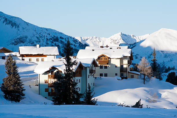 istock Snow covered houses in winter landscape 184594083
