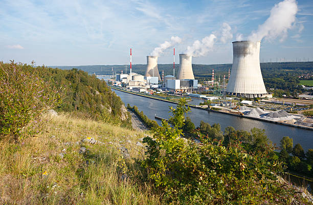 centrale nucleare con verde in primo piano - tihange foto e immagini stock