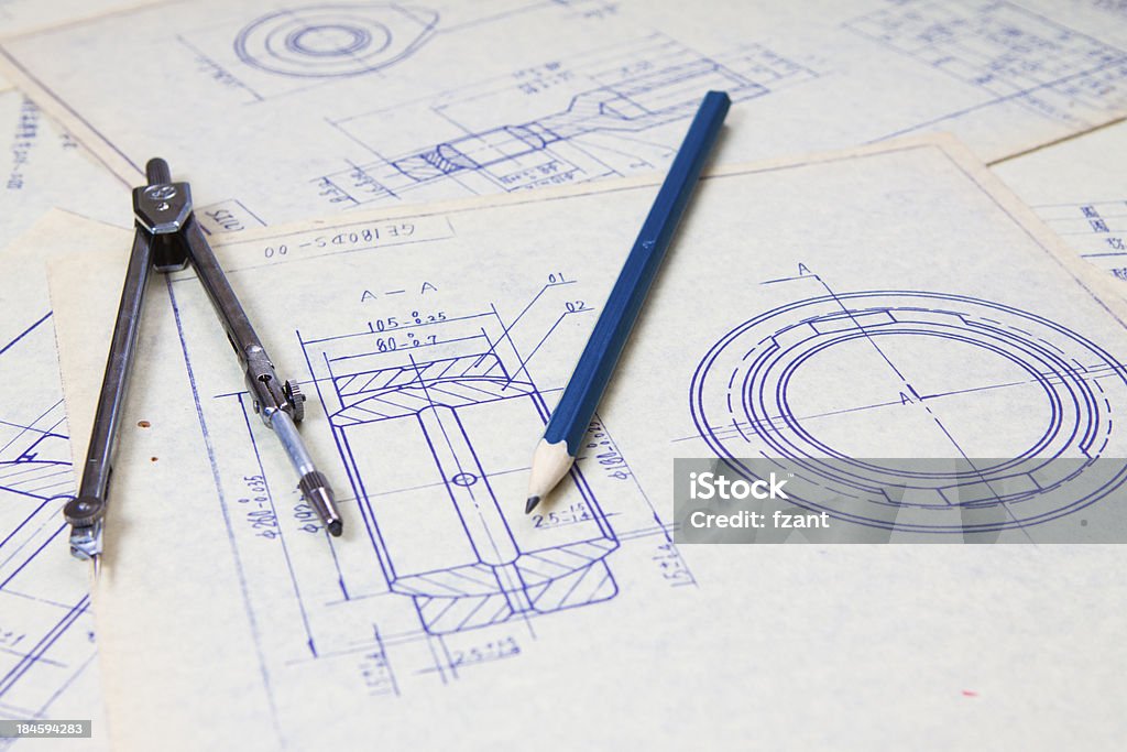 Mecânico detalhe de desenho e ferramentas de desenho - Royalty-free Calculadora Foto de stock