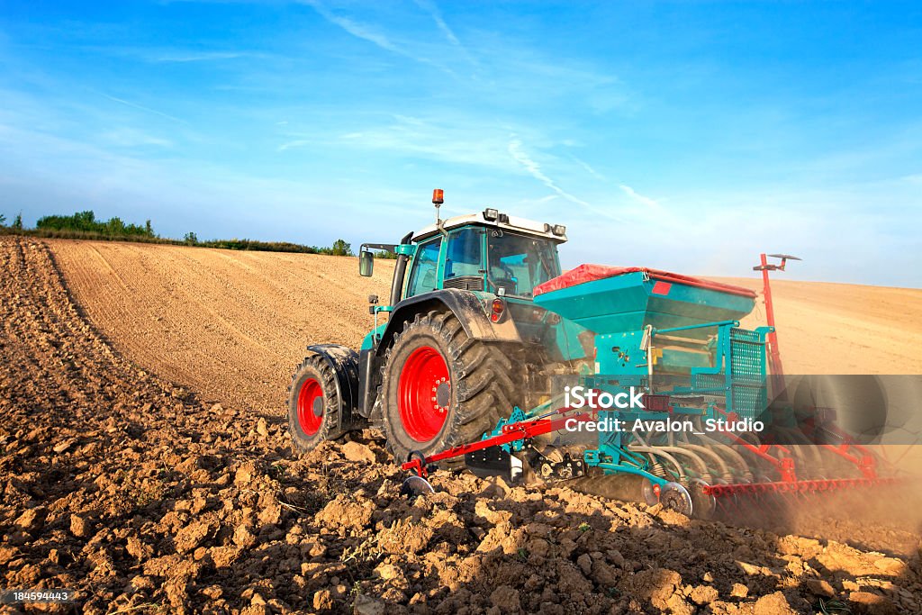 Blue tractor sowing in field Plowing Stock Photo