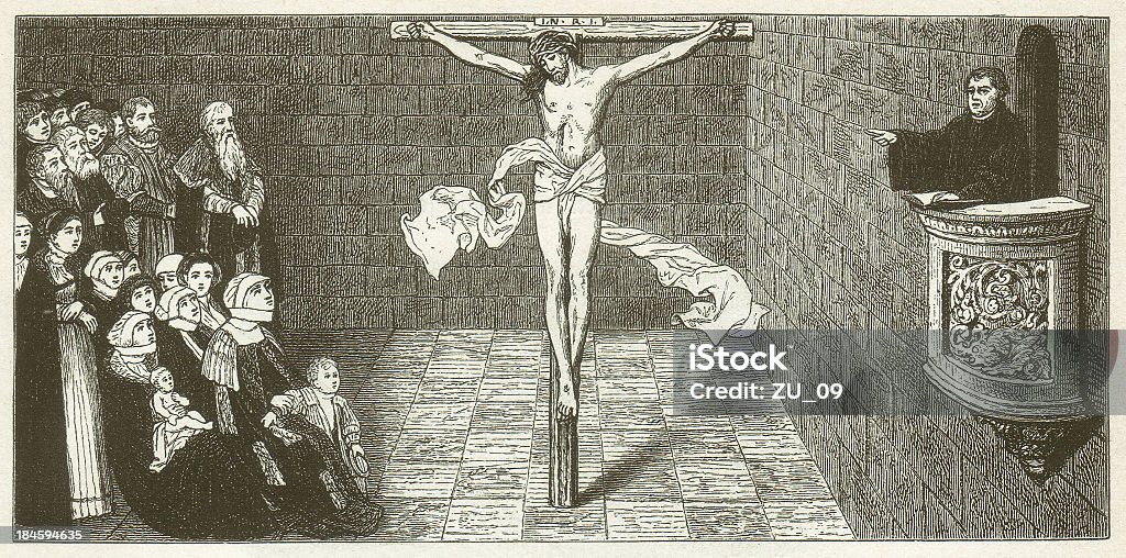 Luthers sermon von L. Cranach, Kirche Wittenberg - Lizenzfrei Martin Luther - Reformator Stock-Illustration
