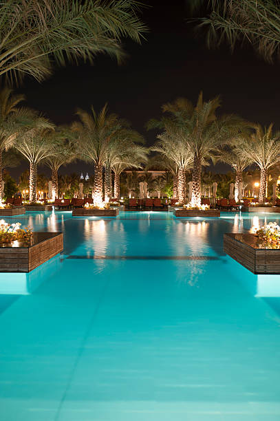 istock Tourist resort pool at night 184594881